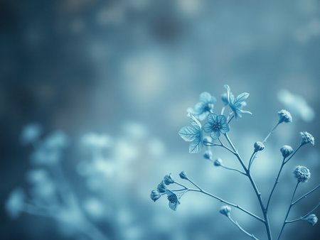 Beautiful blue flowers on a blue background with bokeh effectの素材