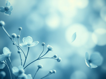 beautiful spring flowers on a soft blue bokeh background, tonedの素材