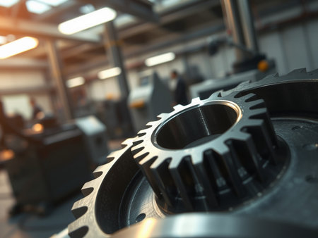 Gear wheel in factory, industrial background, selective focus, toned imageの素材
