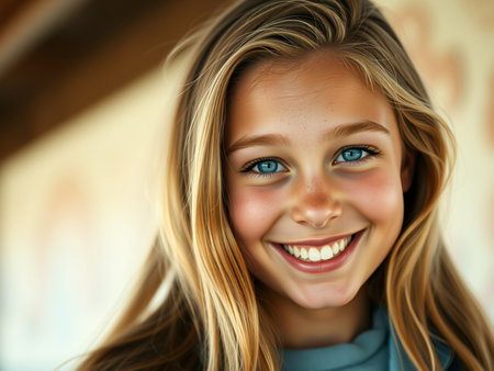 Portrait of a beautiful young girl with blond hair and blue eyesの素材