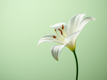 White lily on a green background with space for your text.の素材