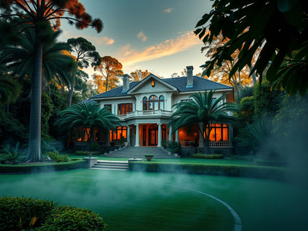 Beautiful villa in the tropical garden at sunset. Toned.の素材