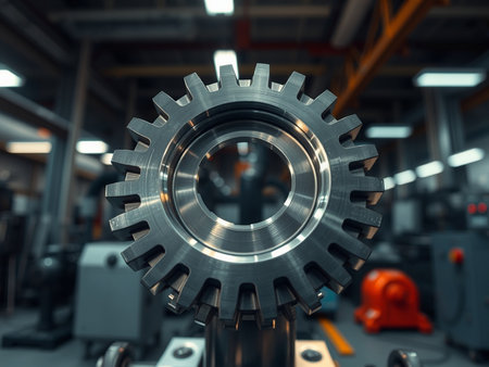 Gear wheel in modern factory. 3d rendering toned image.の素材
