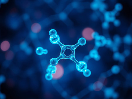 3d illustration of molecules on blue background. Science and medical backgroundの素材