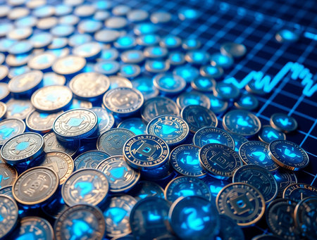 Close up of a pile of coins on a blue background with a graphの素材