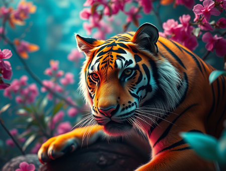 Tiger in the garden with pink flowers. 3D illustration.の素材