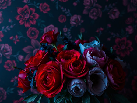 Beautiful bouquet of red and pink roses on a dark backgroundの素材
