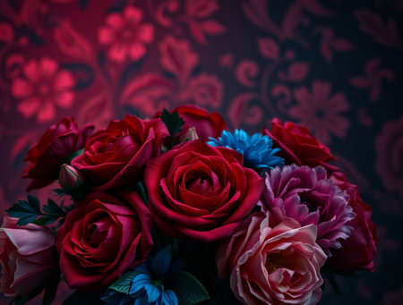 Bouquet of red roses on a dark background. Toned.の素材