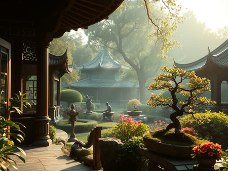 Chinese garden in the morning light, Chiang Rai, Thailand.の素材
