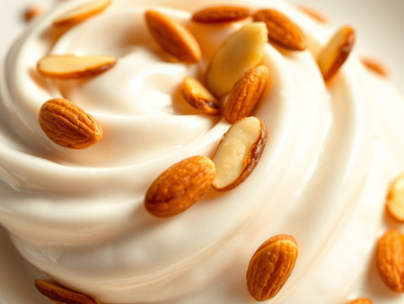 Creamy whipped cream with almonds on a white plate, closeupの素材