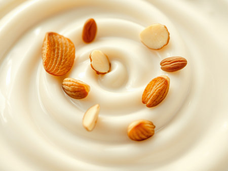 Creamy yogurt with almonds on a white background, close upの素材