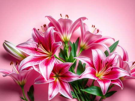 Bouquet of pink lily flowers on a pink background.の素材