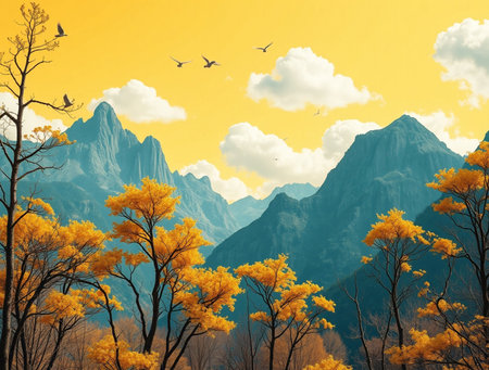Colorful autumn landscape with yellow trees and mountains. Nature background.の素材