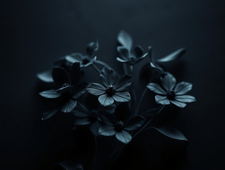 Beautiful dark blue flowers on a black background. Toned.の素材