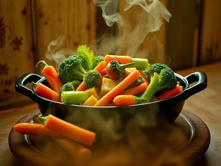 Steamed vegetables in a pan on a wooden table, closeupの素材