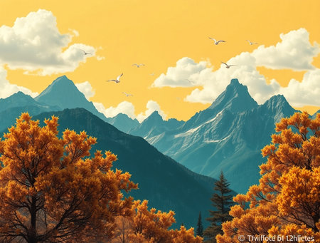 Mountain landscape with autumn forest and high peaks. Vector illustration.の素材