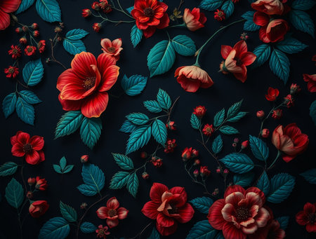Floral pattern with red hibiscus flowers and leaves on dark background.の素材