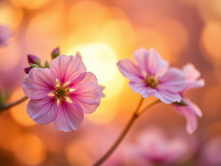 Close up of pink flower with soft bokeh background and sunlightの素材
