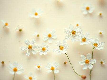 White chamomile flowers on white background. Flat lay, top view.の素材