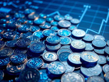 Pile of coins and financial chart. Blue toned image.の素材