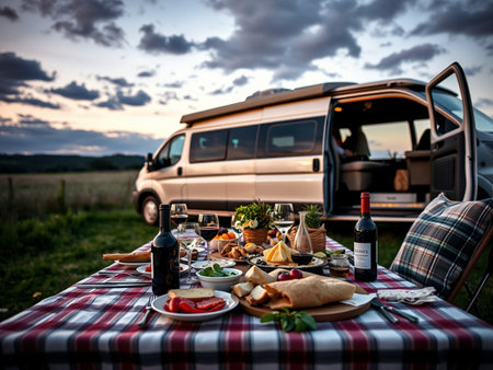 Picnic with campervan in the field at sunset. Camping concept.の素材