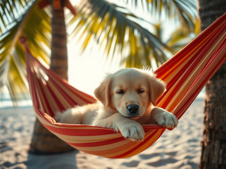 Cute Golden Retriever puppy in hammock on tropical beachの素材
