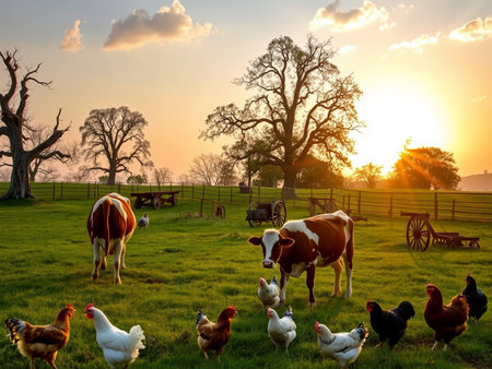 Cattle and hen in the field at sunset. Rural scene.の素材
