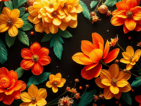 Colorful autumn flowers on black background. Flat lay, top viewの素材