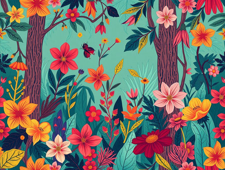 Seamless pattern with colorful flowers and trees. Vector illustration.の素材