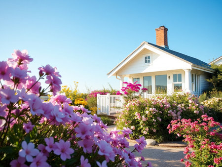 Luxury white house in the garden with pink flowers and blue skyの素材