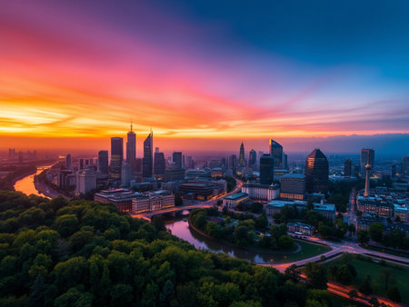 Aerial view of the city of Frankfurt am Main at sunset, Germanyの素材