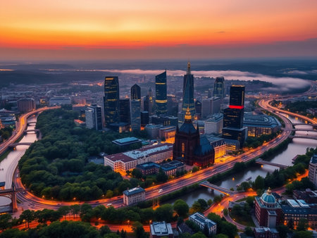 Aerial view of Frankfurt am Main at sunrise, Germany. Frankfurt am Main is the biggest city in Germany.の素材
