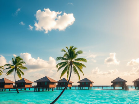 tropical beach in Maldives with few palm trees and blue lagoonの素材