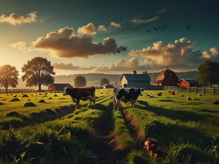 Sunset in the countryside with cows on the green meadow.の素材