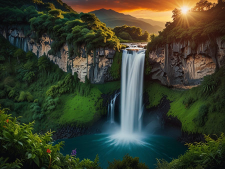 Beautiful view of Wugong waterfall at sunset, Taipei, Taiwanの素材