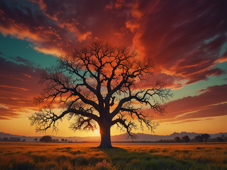 Beautiful sunset over a tree in a field in South Africa.の素材