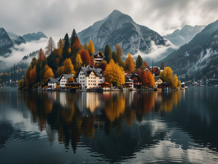 Beautiful autumn alpine landscape with Hallstatt lake, Austriaの素材