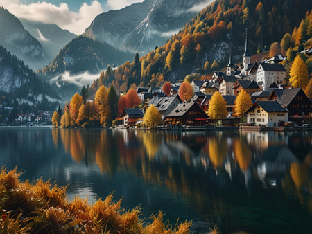 Beautiful autumn view of Hallstatt village on lake shore, Austriaの素材