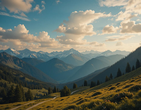 Mountain landscape with high peaks and blue sky with clouds. Toned.の素材