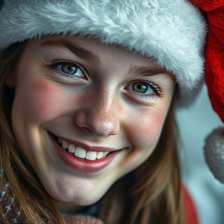 Close-up portrait of a girl in a Santa Claus hat.の素材