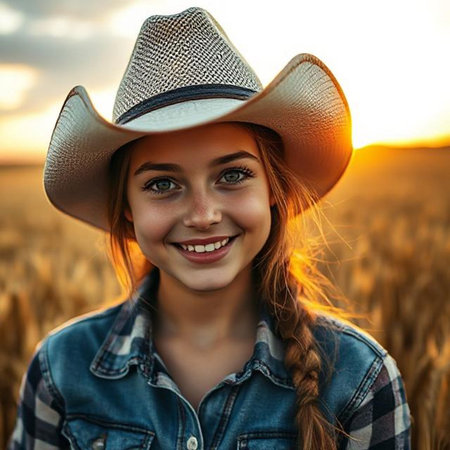 Portrait of a beautiful young girl in a cowboy hat on a wheat field.の素材