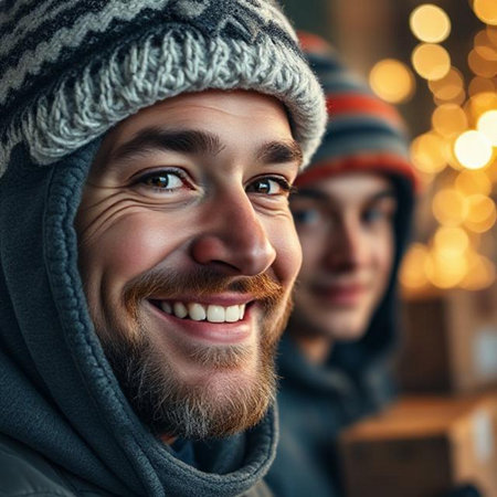 Portrait of a smiling father and son in winter clothes. Christmas theme.の素材