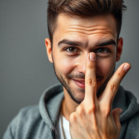 Close up portrait of a handsome young man looking at camera and showing silence gestureの素材
