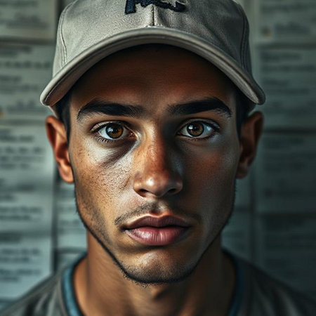 Close-up portrait of a young African American man in baseball cap.の素材