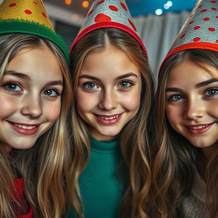 Portrait of three cute little girls in party hats looking at cameraの素材