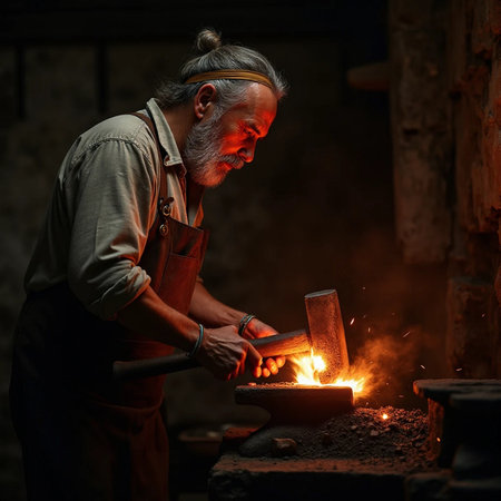 Old blacksmith working with a hammer in his forge. Selective focus.の素材