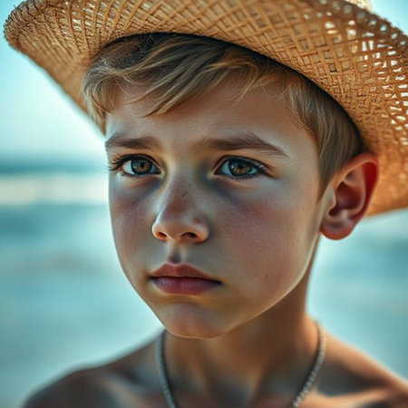 portrait of a boy in a straw hat on the beach.の素材