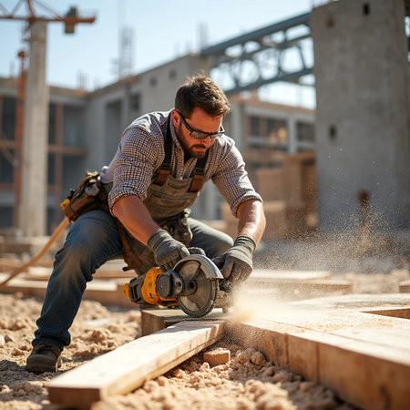 Carpenter working on a construction site, sawing a plankの素材