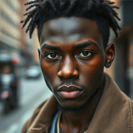 Portrait of a young African American man with dreadlocks.の素材