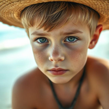 Portrait of a little boy in a straw hat on the beachの素材